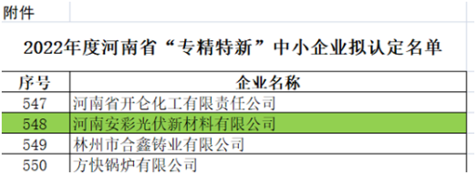 祝賀！光伏新材料通過河南省“專精特新”中小企業(yè)認(rèn)定
